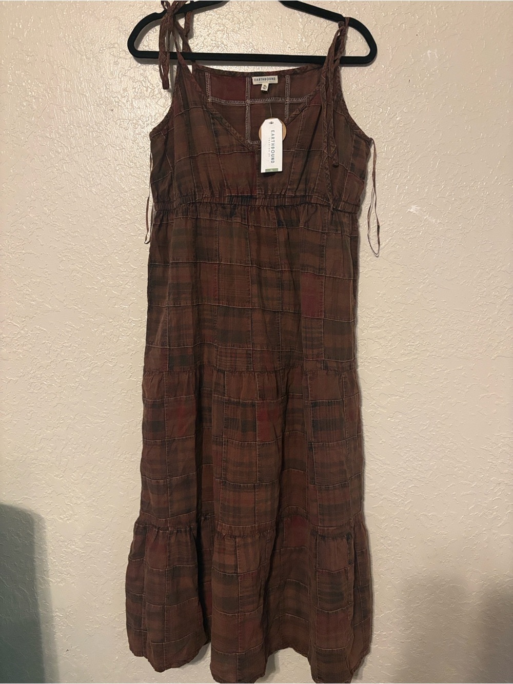 EARTHBOUND Brown Plaid Tie-Shoulder Tiered Midi Dress